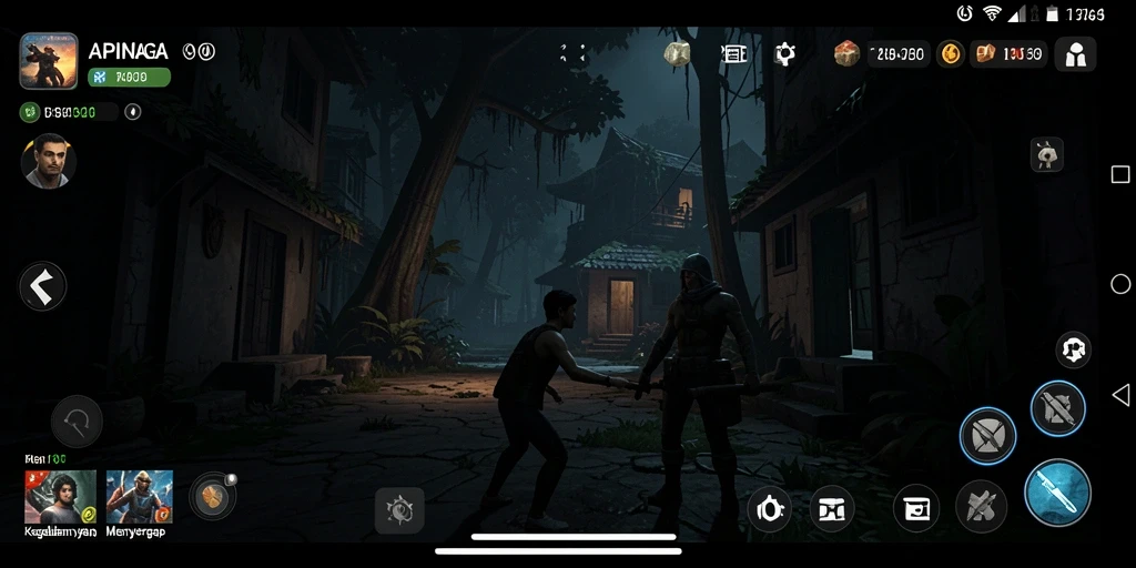 Screenshot utama APINAGA dengan suasana gameplay yang mencekam.