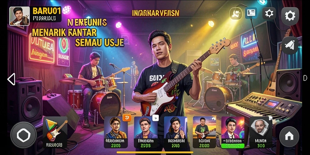 Screenshot utama BARU01 menampilkan pemain menikmati permainan musik seru.