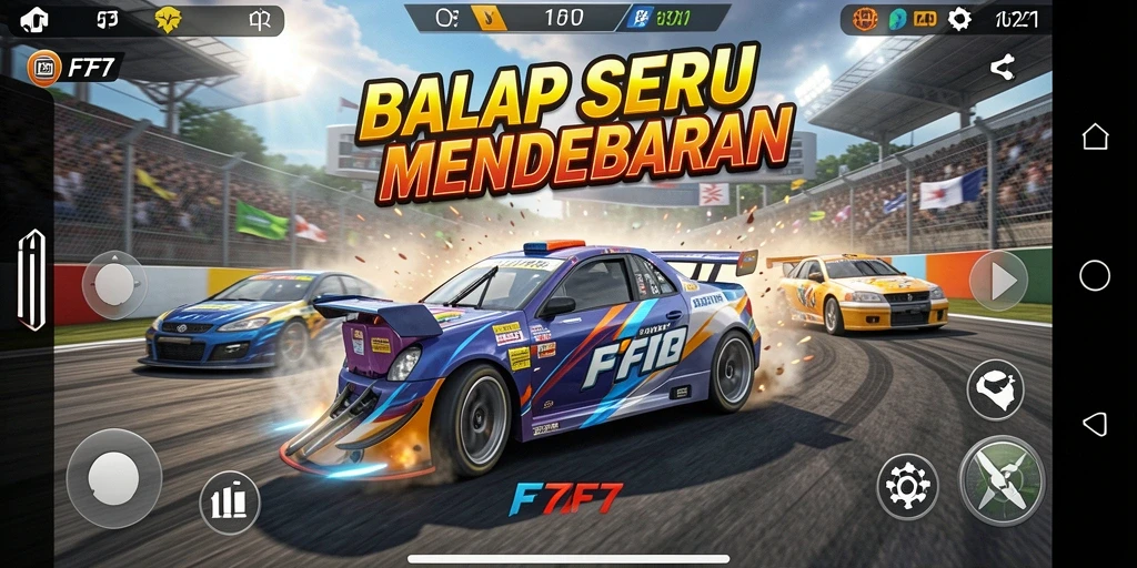 Tampilan gameplay seru F7F7 dengan mobil balap yang kencang.