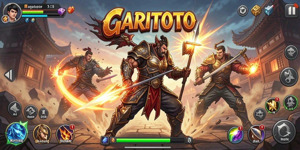 Tangkapan layar utama GARITOTO menampilkan aksi pertarungan epik dan karakter yang menawan.
