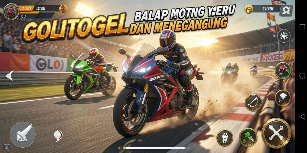 Screenshot GOLTOGEL menampilkan aksi balap motor yang mendebarkan.