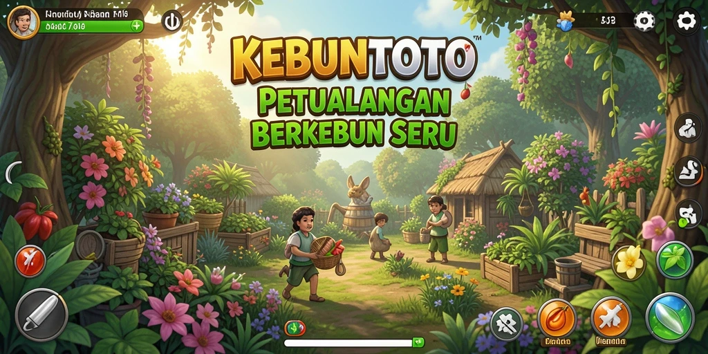 Screenshot gameplay KEBUNTOTO menampilkan ladang yang indah dengan berbagai tanaman.