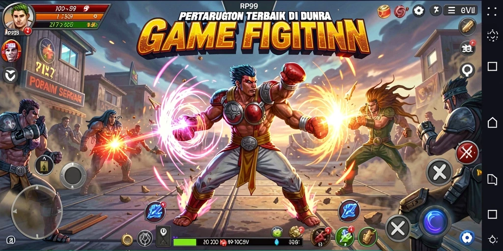 Screenshot gameplay RP99 menampilkan pertarungan seru dengan karakter unik.