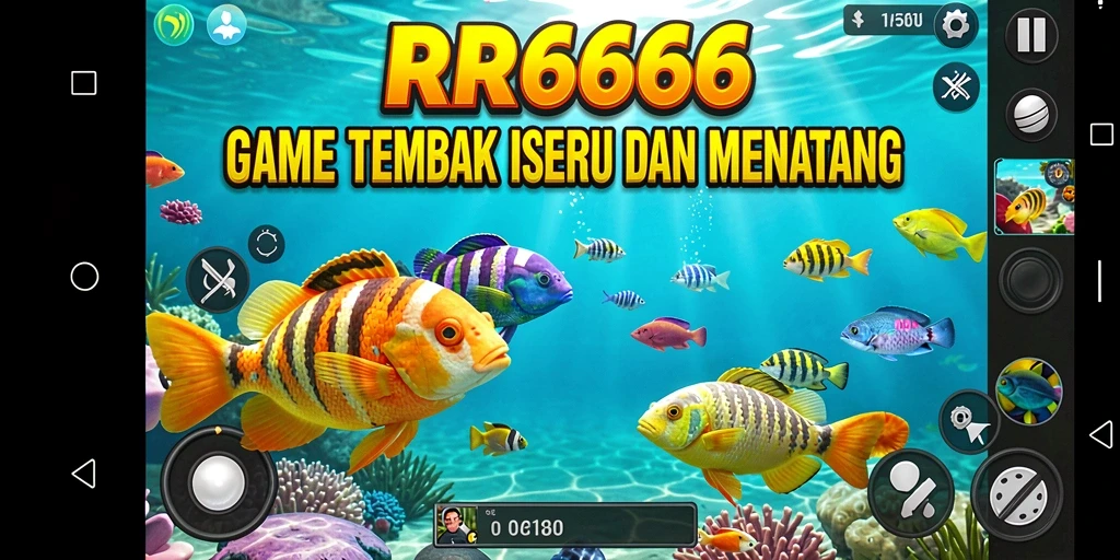 Screenshot utama gameplay RR666 menampilkan aksi tembak ikan yang seru.