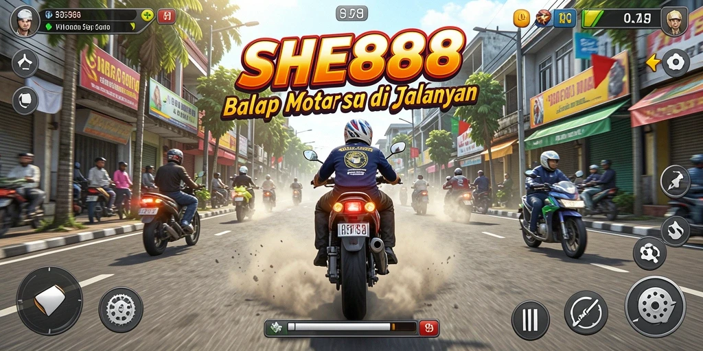 Screenshot gameplay SHE888 menunjukkan aksi balap motor yang mendebarkan.