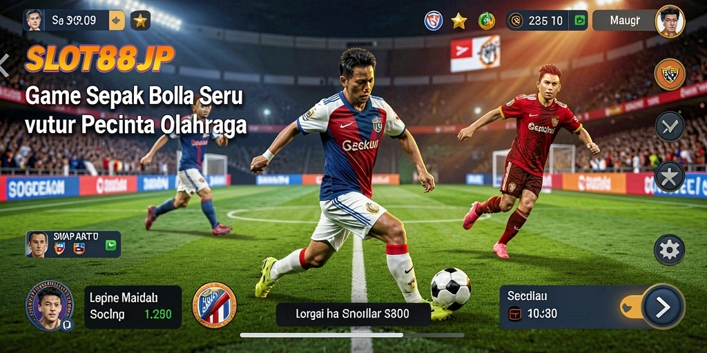 Screenshot <strong>SLOT88JP</strong> menunjukkan pemain beraksi di lapangan sepak bola yang dinamis.