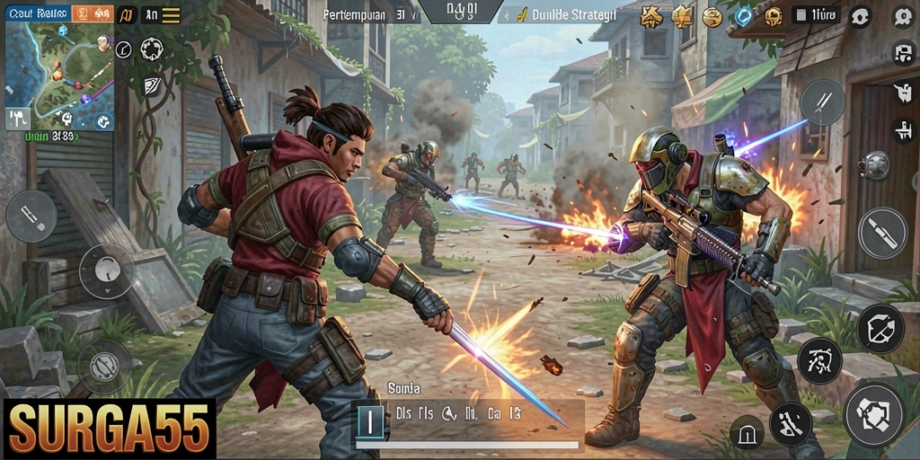 Screenshot menampilkan pertarungan seru dalam game Battle Royale.