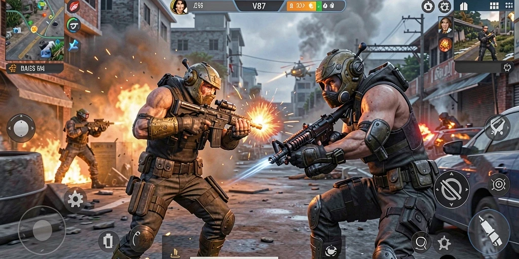 Screenshot gameplay V87 menampilkan aksi pertempuran yang seru.