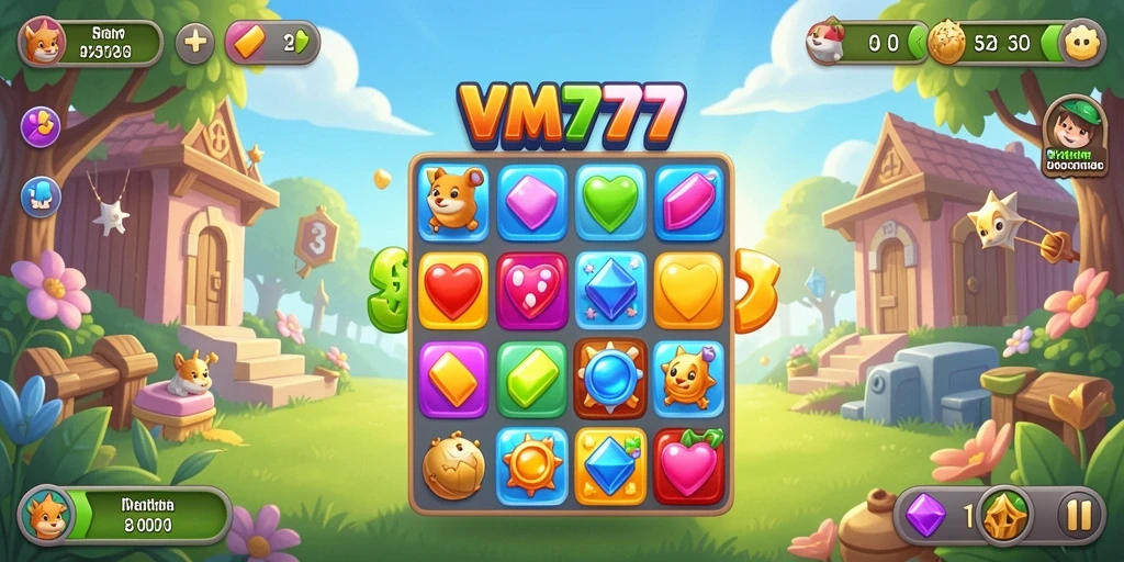 Tangkapan layar gameplay VM777 dengan karakter berwarna-warni dalam tantangan Match-3.