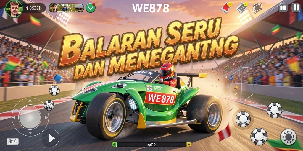 Screenshot gameplay WE878 menampilkan mobil balap yang meluncur kencang di trek.